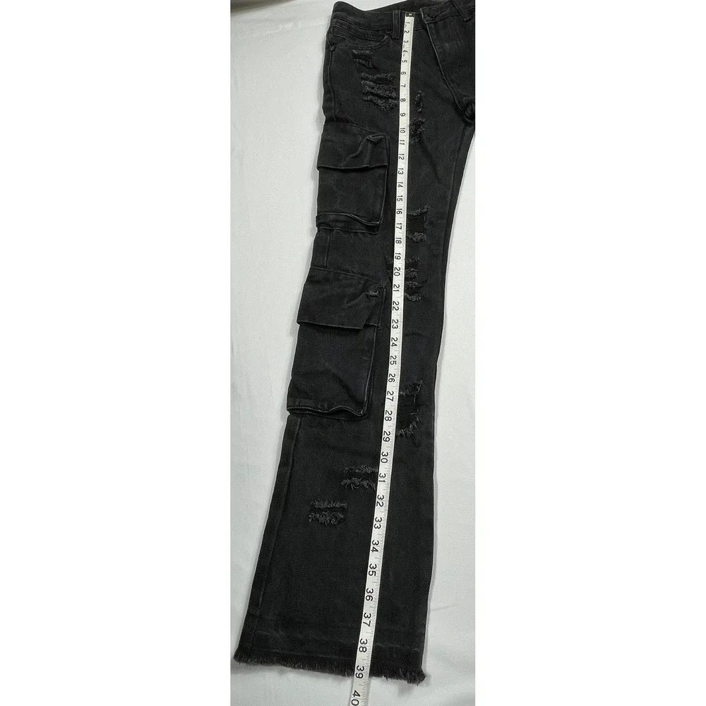 🔥 Rockstar Original Boys Sz 14 Black Distressed Cargo Jeans Raw Hem -Streetwear
